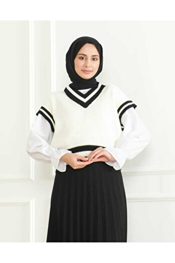 Cemre Life Women's Knitwear Sweater - V-Neck Stripe Detail