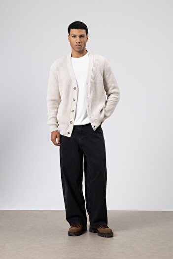 VAMOSCLO V-Neck Buttoned Knit Cardigan Sweater Light Stone