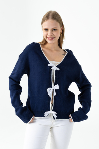 GİYSA Women's V-Neck Ribbon Detailed Knitwear Cardigan Navy Blue - 26K 2279