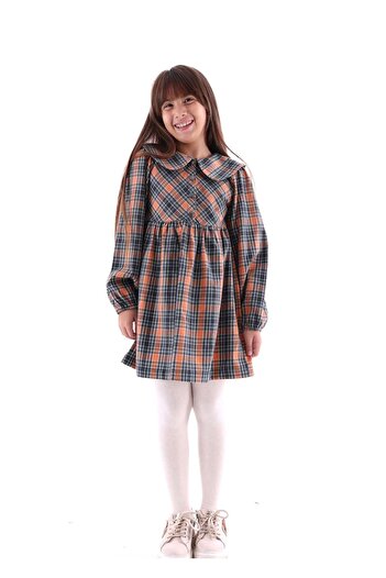 Ozmoz By Mukadder Özden Wide Baby Collar Plaid Winter Girl's Dress