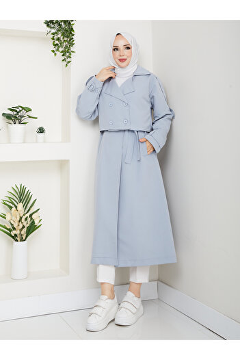 LE CARAMBOLE Women's Ice Blue Waist Belted Vest-Jacket Double Trench Coat