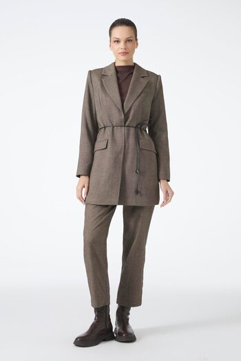 Zühre Double-Breasted Collar Leather Rope Detailed Brown Combination Suit Tk-1694