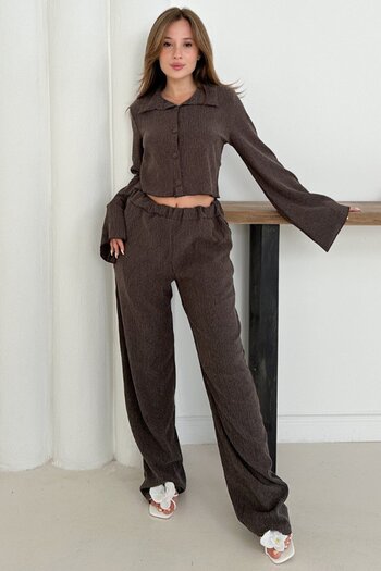 VAGGON Women's Brown Wide Sleeve Crop Shirt and Elastic Waist Trousers Ribbed Suit Vs01256