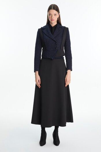 Zühre Tweed Patterned Jacket Skirt Two-Piece Black Set Tk-1661