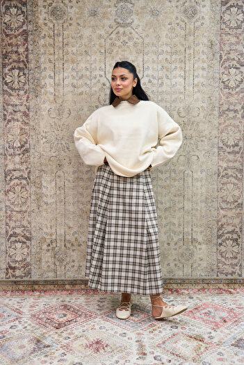 KÜÇÜĞÜM BUTİK Cream Brown Plaid Pleated Skirt
