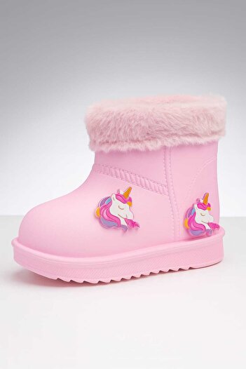liasdesing pembe unicorn kürklü kız çocuk yağmur botu