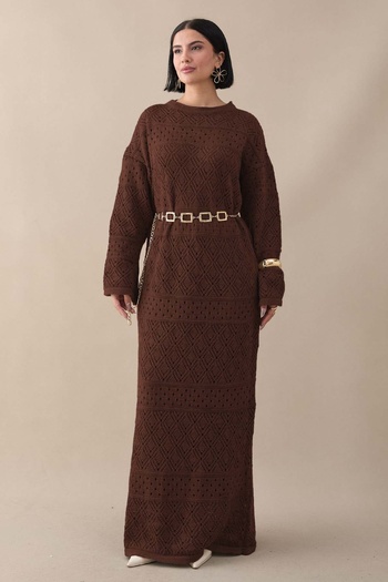 InStyle Patterned Openwork Bitter Brown Knitwear Dress