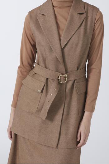 Zühre Double-Breasted Collar Belt and Pocket Detailed Tan Combination Suit Tk-1693