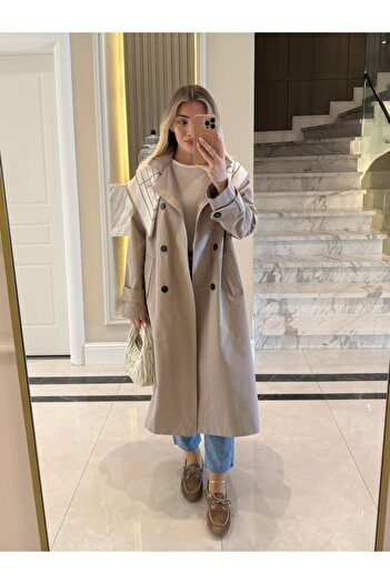 My Blog Khaki Long Trench Coat with Scarf - 7535
