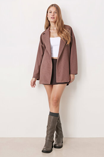 armonika Women's Brown Men's Collar Oversize Jacket with Slits on the Sides Arm-26K001009
