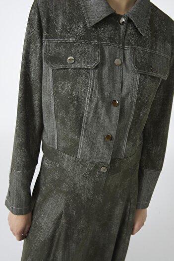 Zühre Shirt Collar Buttoned Jacket Skirt Khaki Two-Piece Settk-1705