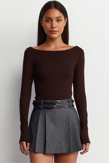 VODENS Brown Boat Neck Long Sleeve Top 100% Cotton