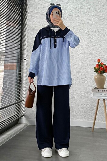 MELEK ARAZ Shirt Detailed Sweat Double Suit – Navy Blue