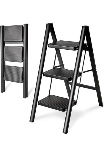 Cady One 3 Step Portable Folding Ladder with Extra Wide Non-Slip Heavy Duty Steel Pedal and Hand Grip