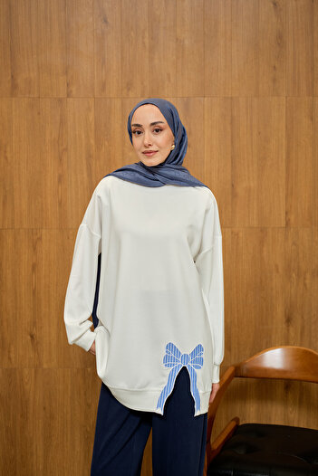 LOCCO Women's Bow Embroidered Tunic Ecru