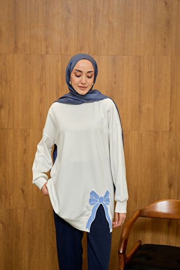 LOCCO Women's Bow Embroidered Tunic Ecru