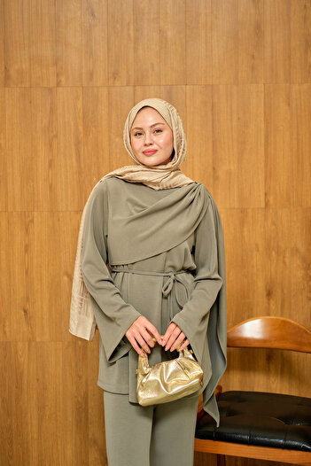 LOCCO Women's Modal Suit with Shawl on the Front, Mold Green