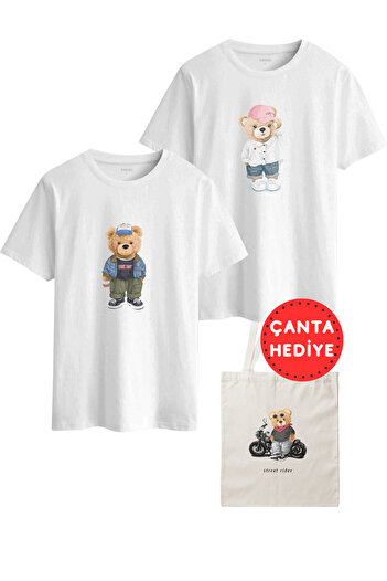 DK DAKSEL Σετ μπλουζών Daksel Unisex Bear με στάμπα Oversize 2 τεμαχίων + Δώρο τσάντα