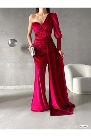 Modafeminen One Shoulder Belted Maxi Length Velvet Fabric Evening Dress 582320 Red