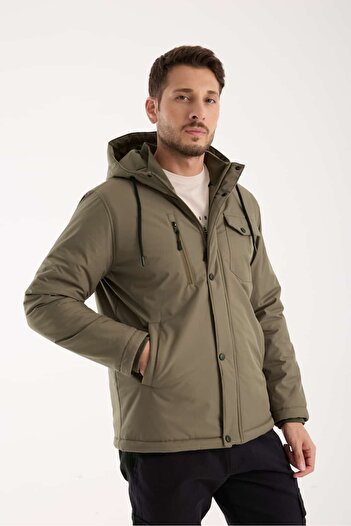 Wise Men's Rainproof Quilted Lined Multi-Pocket Hooded Fiber-Filled Coat