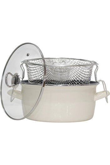 PR HOME Enameled Glass Lid Frying Pan 24 cm Cream Chrome Top