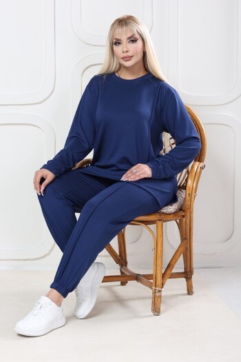 sinemisxxl Lycra Blue Plus-Size Top and Bottom Set with Elasticated Cuffs