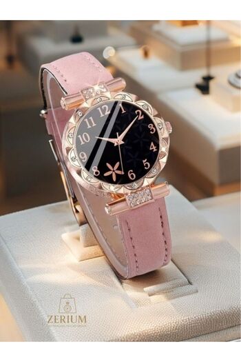 ZERİUM Accessory Style Decorative and Stylish Black Dial Faux Leather Quartz Women's Watch