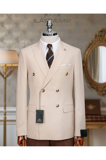 ilayda emir Italian Cut Slim Double Breasted Men's Suit Cream