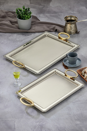 Cooker Special Series Rectangular Model Luxury Metal 2-Piece Presentation Tray, Tea Tray, Engagement Tray (35X25 44X32 cm)