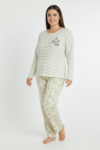 Bravie Elite Viscose Long Plus Size Pajama Set with Horizontal Stripes on Top and Six Patterns on the Bottom White 3590