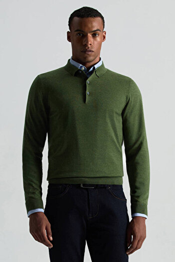 Hemington Merino Yünü Polo Yaka Açık Yeşil Triko