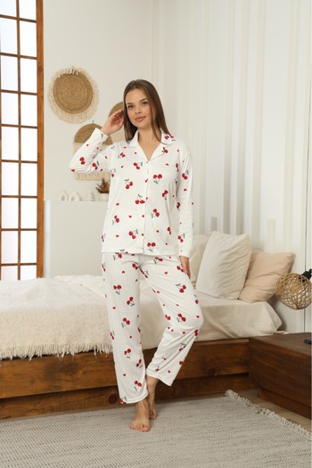 LİLA İÇ GİYİM Pegasus Buttoned Cherry Detailed Long Sleeve White Pajama Set