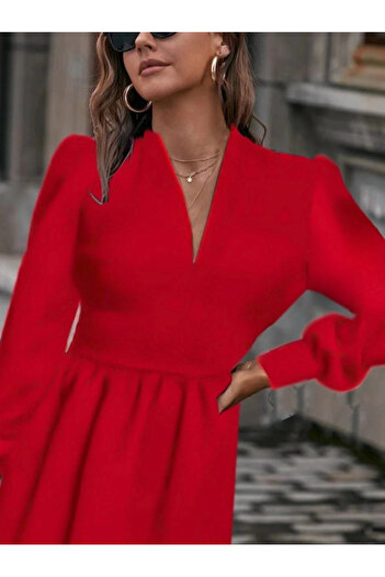 NORA Boutique    Women's Long Sleeve V Neck Waist Light Pleated Scuba Crepe Mini Length Dress