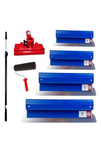 olejnik Set of 4 professional trowels, stainless steel, 25, 40, 60, 80 cm, stand, extension handle 0.9-1.43 m, roller