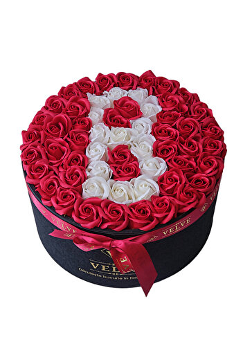 velve Eternal Floral Arrangement personalized with the letter B, in a round black box with 55 soap roses