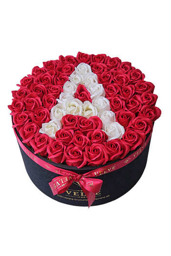 velve Eternal Floral Arrangement personalized with the letter A, in a round black box with 55 soap roses
