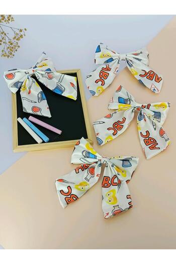 REBORN DESIGN Abc Printed School Supplies Themed 12 cm Satin Bow Fabric Automatic Buckle