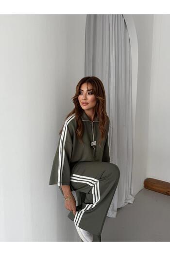 QİMYA BUTİK Women's Striped Embroidered Detailed Tracksuit Set with Bouquet