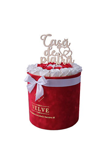 velve Floral arrangement, with 25 white/red soap roses and message "Stone House"