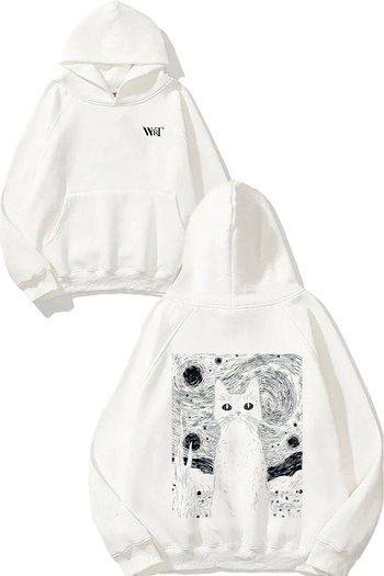 THEWERT Cat Painting Design Back Printed White Hooded Sweatshirt