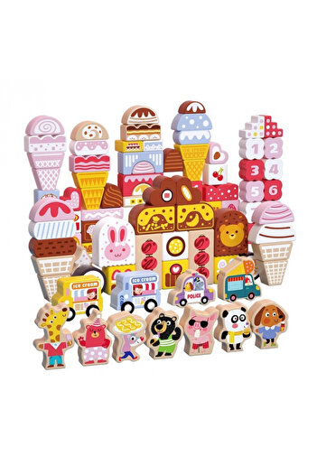 Toyska Wooden Blocks Set Animals and Ice Cream Ice Cream World, 116 Pieces, Multicolor
