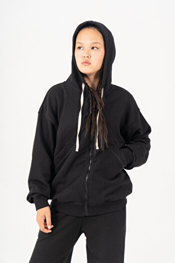 GİYİCEM TEKSTİL Girl's Hooded Three Thread Zippered School Sweatshirt 4536