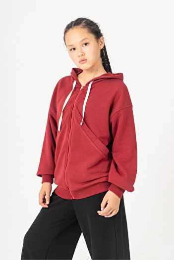 GİYİCEM TEKSTİL Girl's Hooded Three Thread Zippered School Sweatshirt 4536