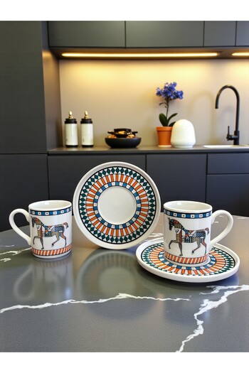 ferayhome Porcelain Coffee Cup Set for 2 People Herm Horse Pattern - Feray Home