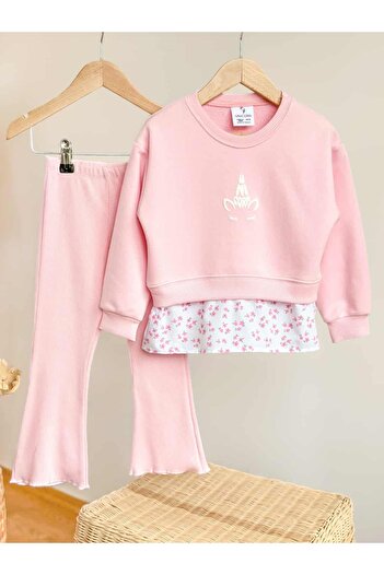 Pinkitokids Pinky Flower Shirt Detailed Sweatshirt and Spanish Leggings Set
