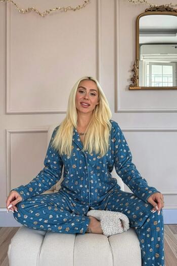 Pijamaevi Blue Cookie Patterned Front Buttoned Plush Fleece Pajama Set