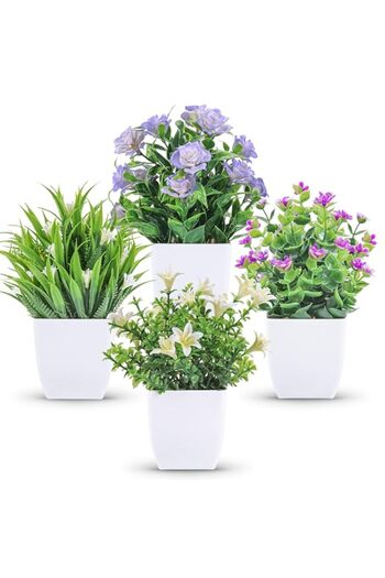 Generic Tazweeq 4 Pack Small Fake Plants, Mini Artificial Faux Plants with Flowers, for Home Room Farmhouse