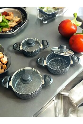 ENASHOP 6 Parça Cam Kapaklı Granit Tencere Seti (16-18-20 CM)