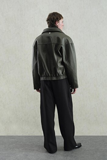 GIESTO Textured Khaki Leather Jacket