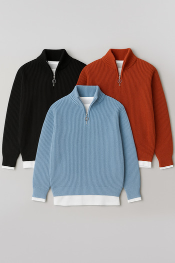 Gameyal Men's 3-Piece Half-Zip Ribbed Knit Sweater